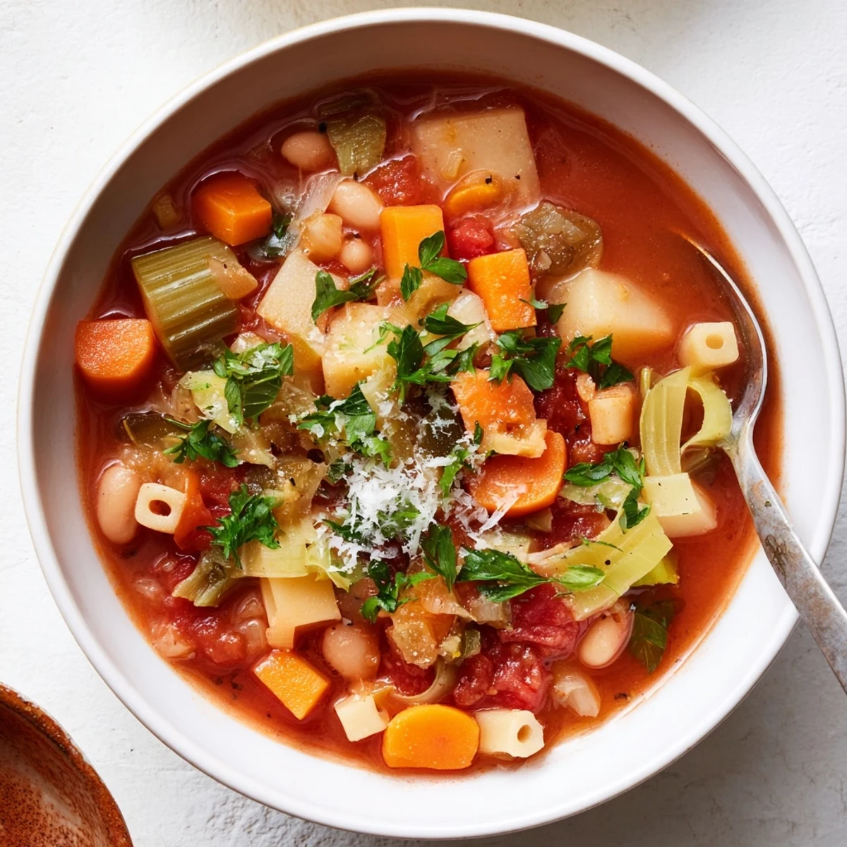 Close-up of a rustic bowl of Winter Vegetable Minestrone, garnished with fresh parsley and Parmesan cheese.
