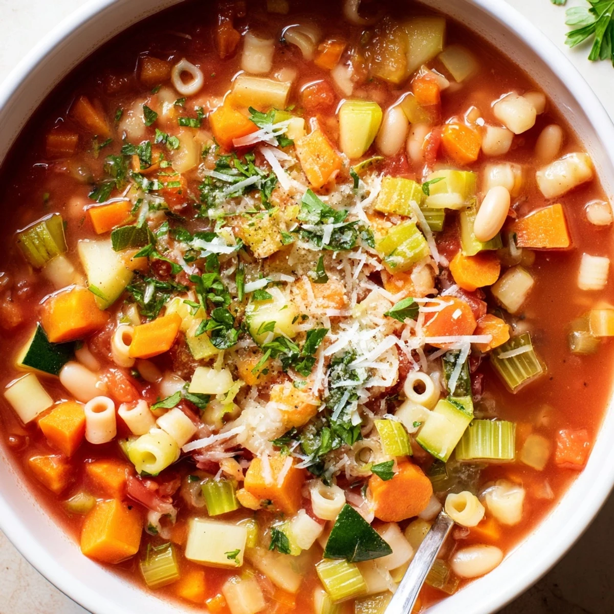 Enjoy a warm and comforting bowl of homemade Winter Vegetable Minestrone, perfect for a cold evening meal.