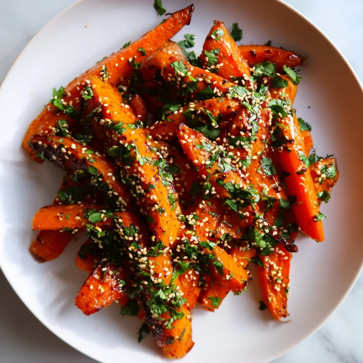 Golden-brown Spicy Harissa Roasted Carrots offer a smoky, spicy flavor, perfect for a flavorful vegan side.