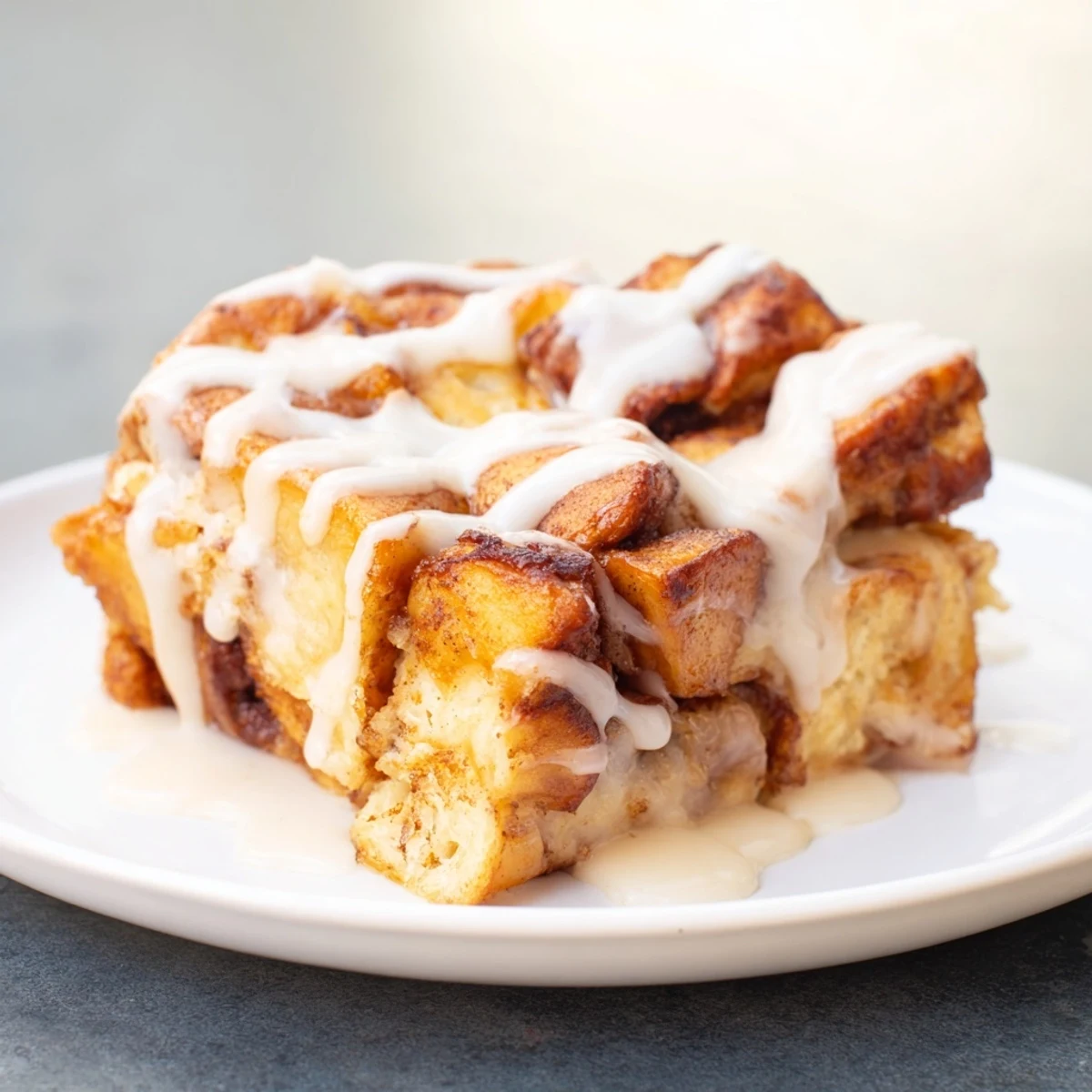 Warm, golden Cinnamon Roll Bread Pudding, drizzled with sweet icing, ready to serve and enjoy.