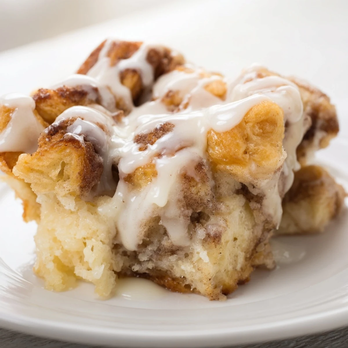 A close-up of gooey Cinnamon Roll Bread Pudding, perfectly baked and full of cinnamon swirls.