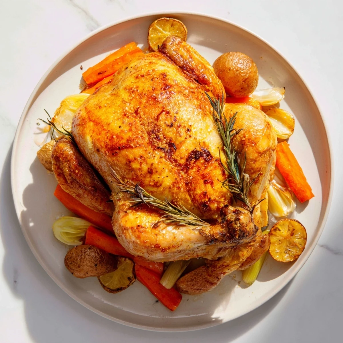 Golden, delicious roasted chicken with lemon and rosemary, ready to be carved and served for dinner.