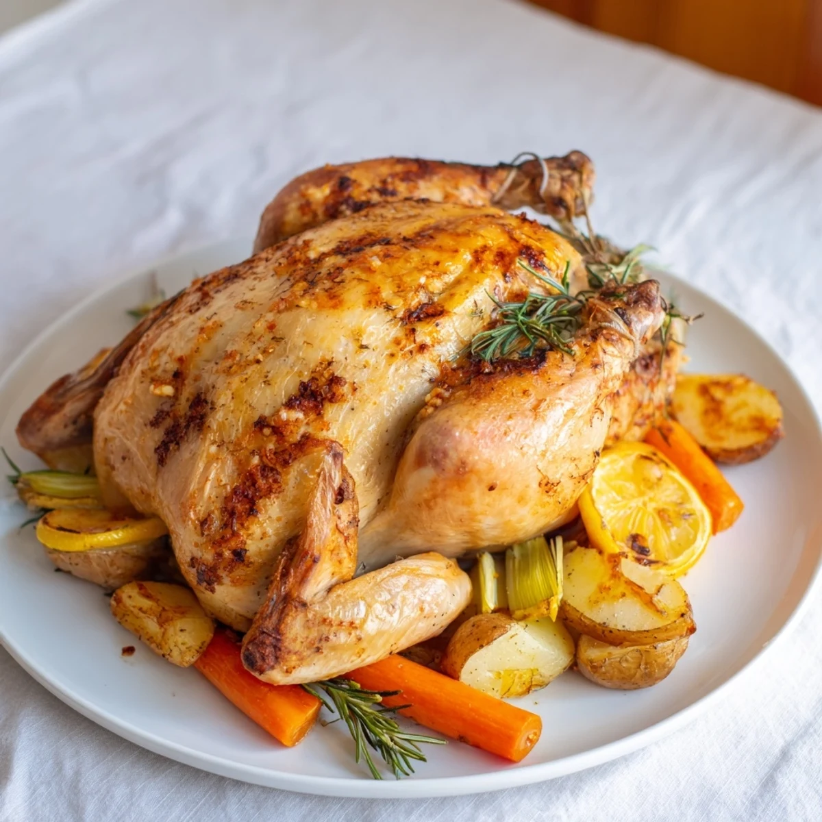 A perfectly roasted chicken with lemon and rosemary, showcasing crispy skin and savory herbs in a pan.