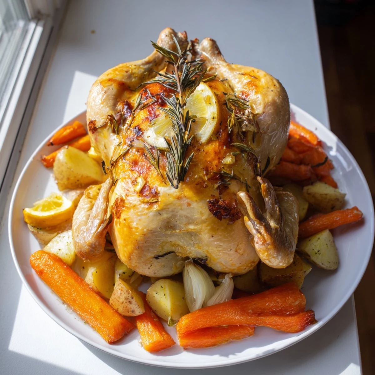 Juicy roasted chicken with lemon and rosemary, surrounded by roasted vegetables, a comforting, classic meal.