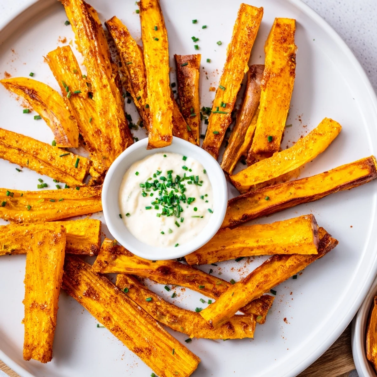 Golden, crispy baked sweet potato fries with creamy dip, a flavorful side dish.