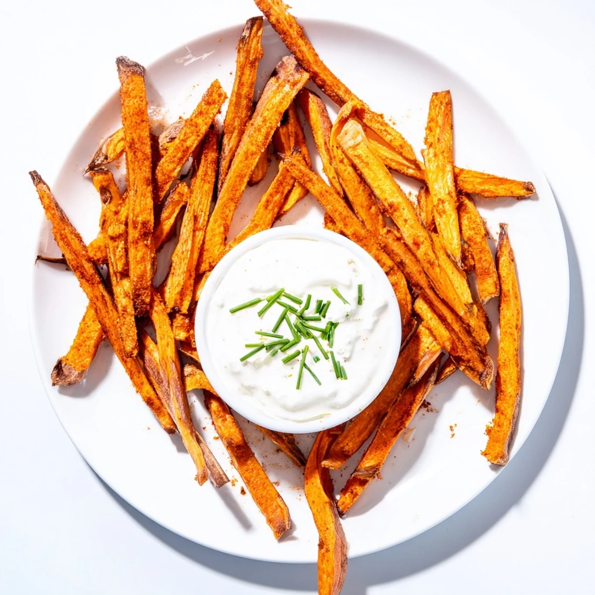Oven-baked sweet potato fries are served alongside a tangy, herbed dip for dipping.