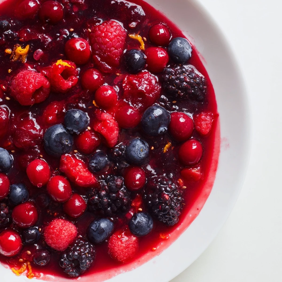 Steaming-hot Cranberry Fresh Berry Compote in a serving bowl, showcasing its beautiful textures and colors.