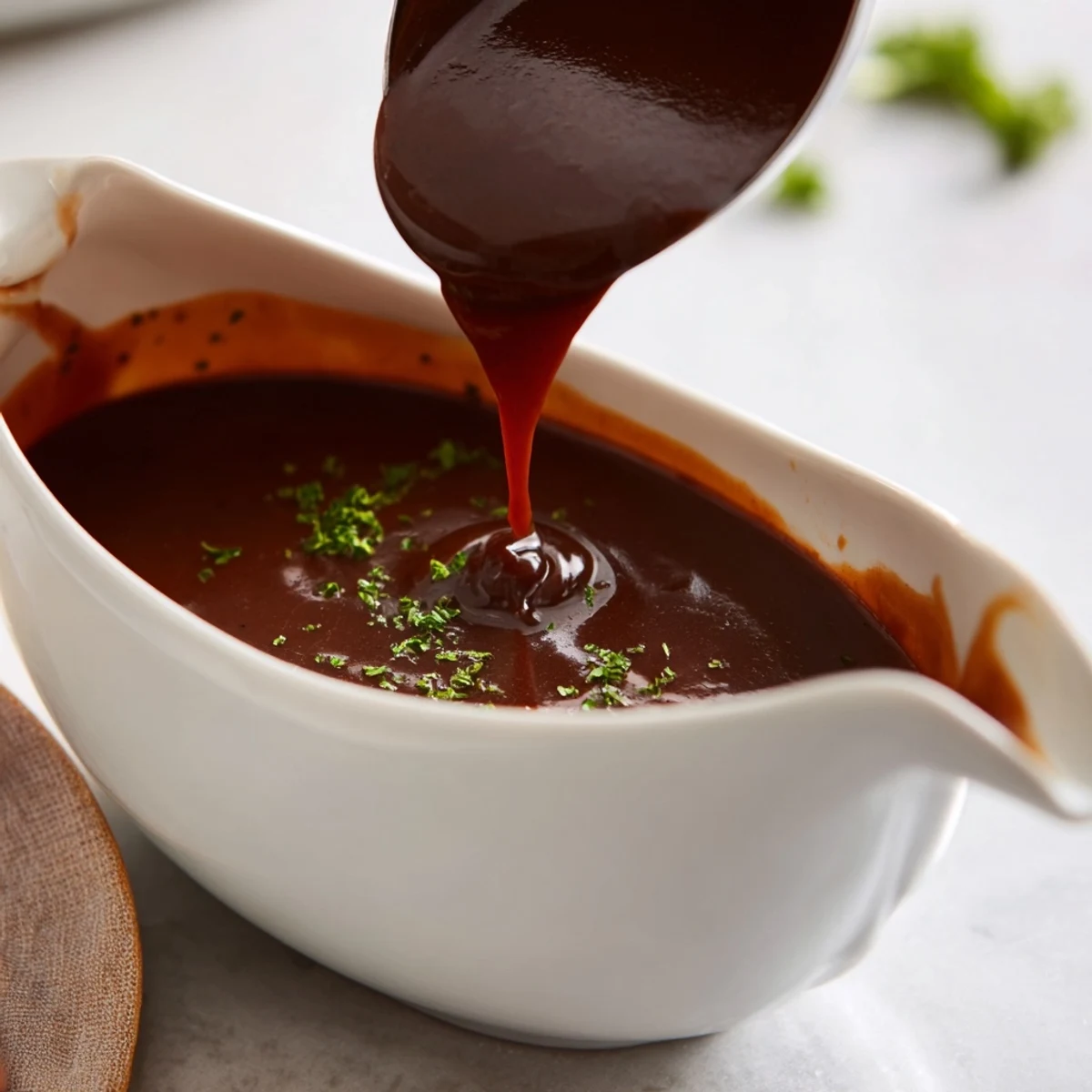 A rich, dark brown beef gravy, perfectly thickened and seasoned for pouring generously.