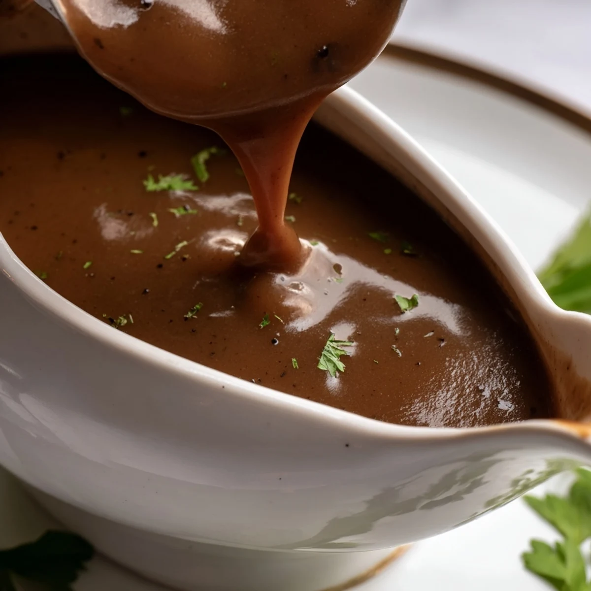 Warm, savory beef gravy, served beautifully over a bed of mashed potatoes on a white plate.