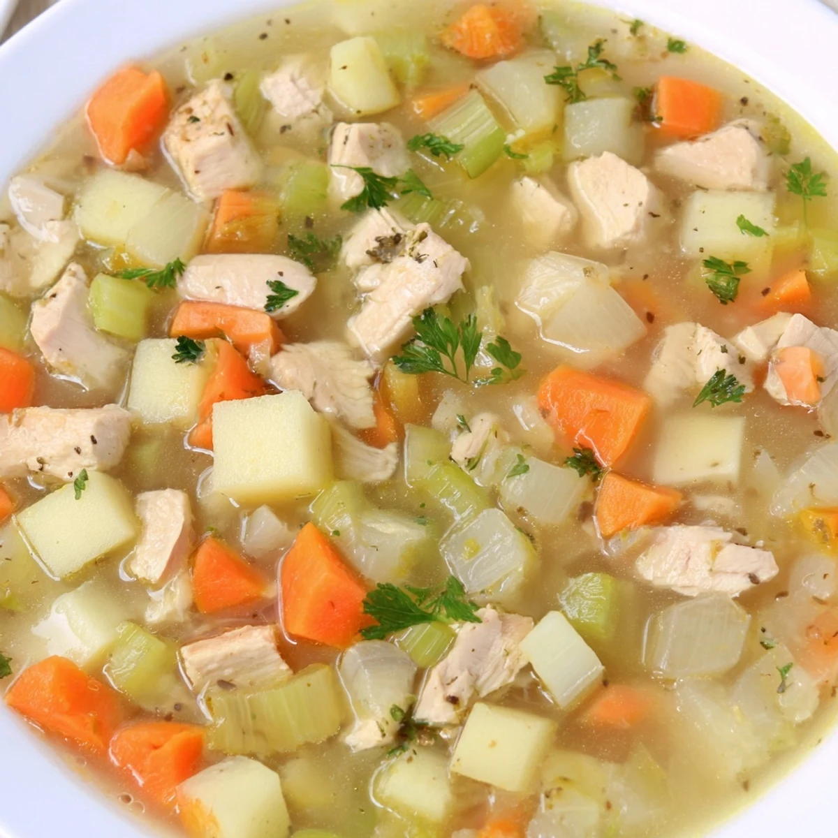 A warm bowl of Winter Chill Soup, loaded with tender chicken and vibrant winter vegetables.