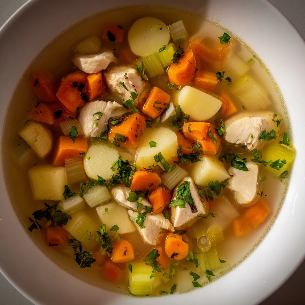 Steaming hot Winter Chill Soup, garnished with vibrant parsley, perfect for a cozy, comforting meal.