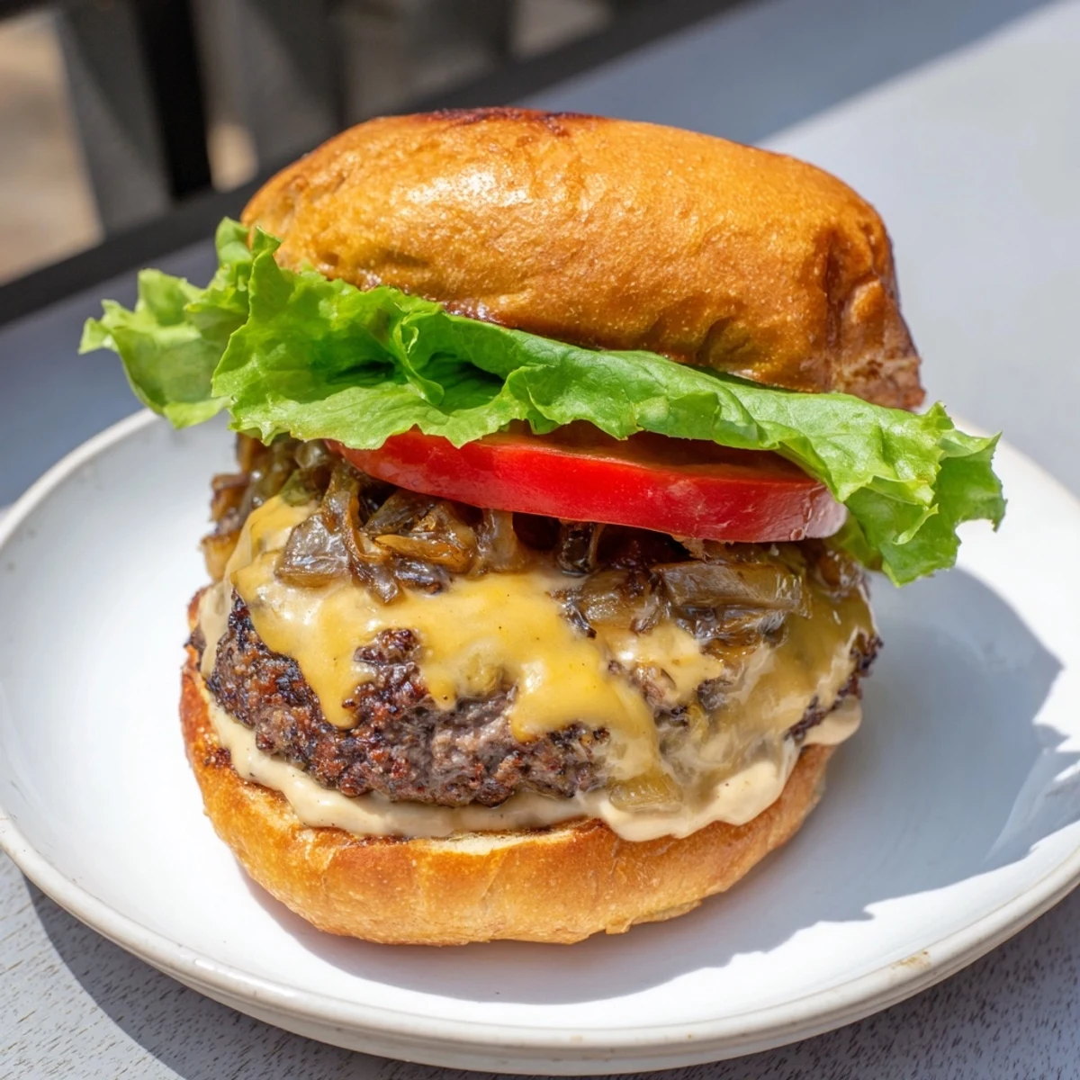 A delicious beef burger with caramelized onions, oozing cheese, on a toasted bun; perfect for dinner.