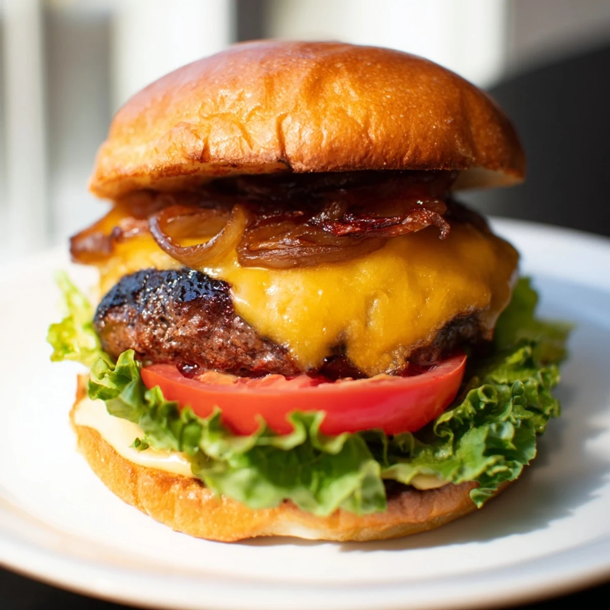 Mouthwatering beef burger with caramelized onions: layers of savory meat and sweet onions, ready to eat.