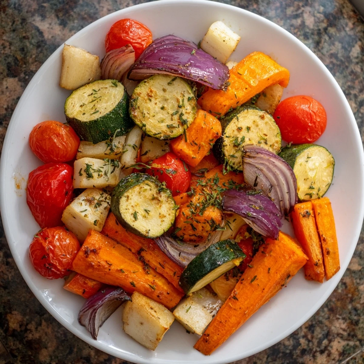 Golden brown roasted vegetable medley, perfectly tender and fragrant with rosemary and thyme.