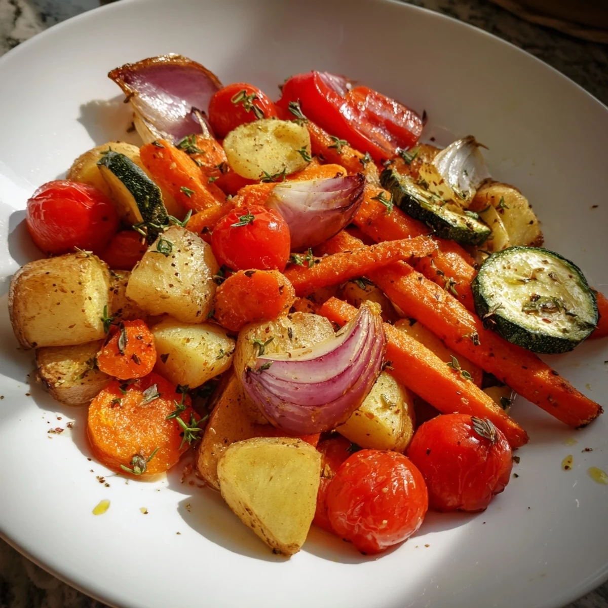 Hearty roasted vegetable medley, featuring colorful bell peppers and caramelized red onion.