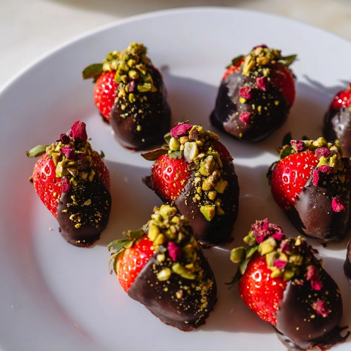 Close-up of decadent Chocolate Covered Strawberries, showing beautiful dark chocolate and juicy berries.
