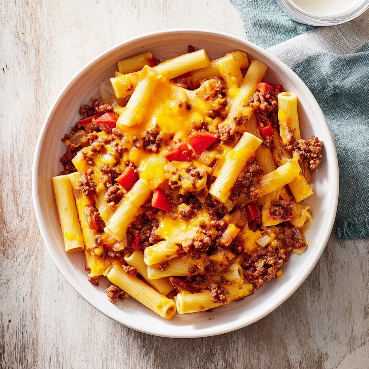 Savory ground beef and vegetable layers topped with melted cheese, inside a delicious baked dish casserole.