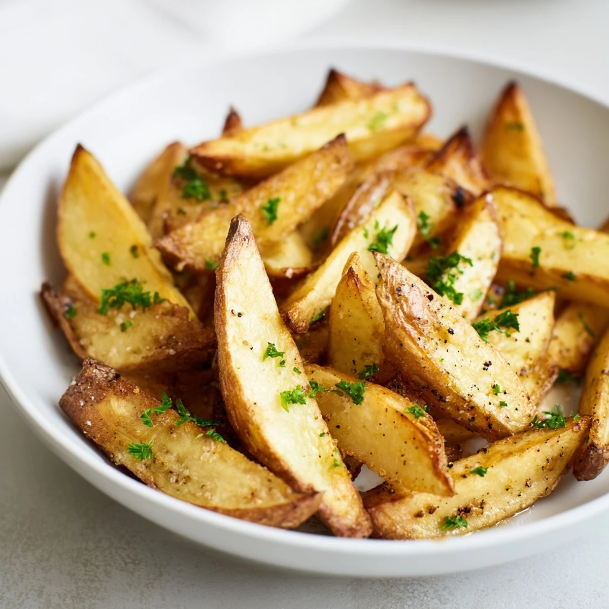 A close-up of beautifully roasted oven fries, showcasing their crispy texture with herbs.