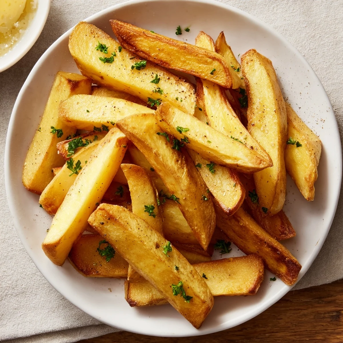 Golden, crispy oven fries, perfectly seasoned, ready to serve as a delicious side dish.