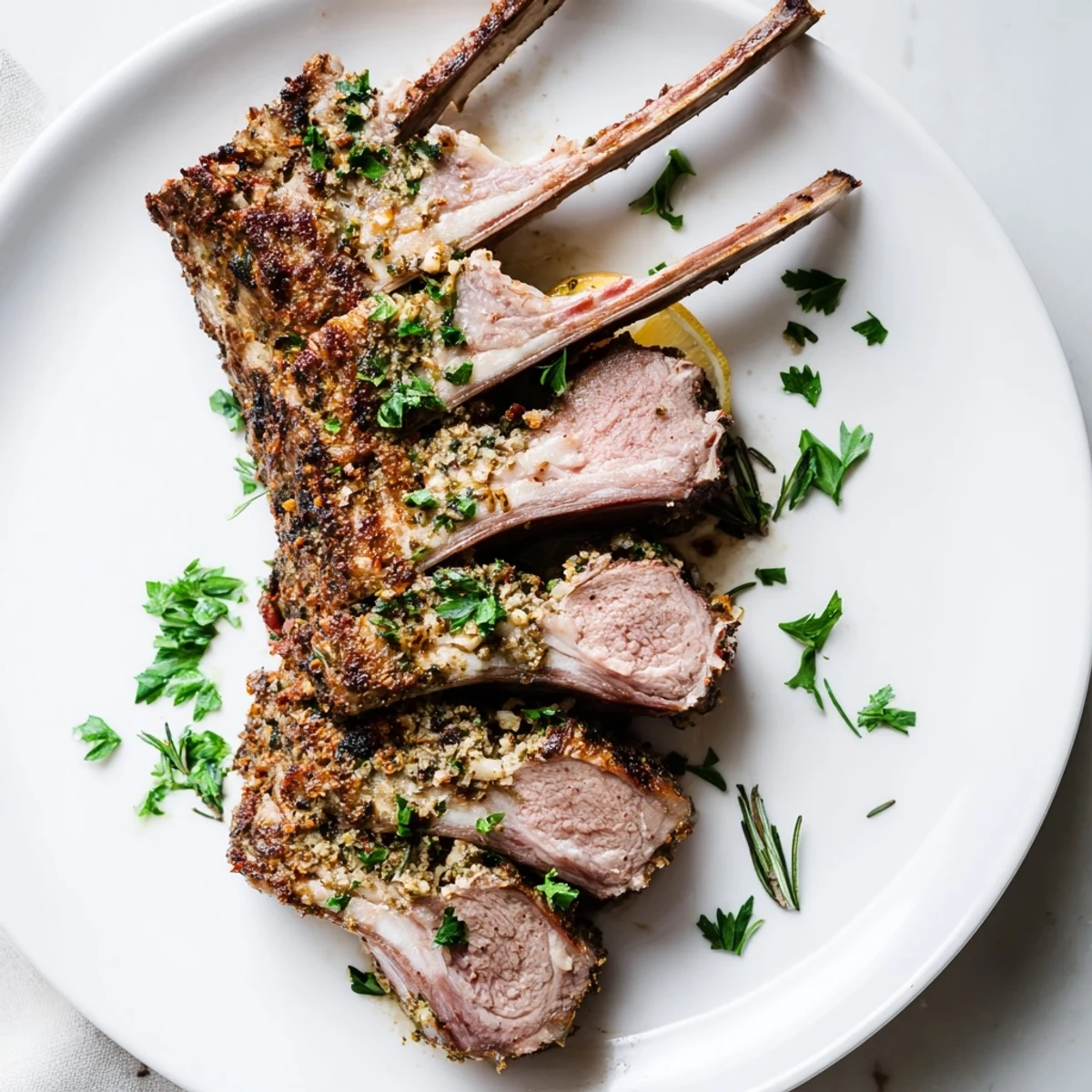 Perfectly roasted rack of lamb, glistening with herbs, ready for an elegant dinner.