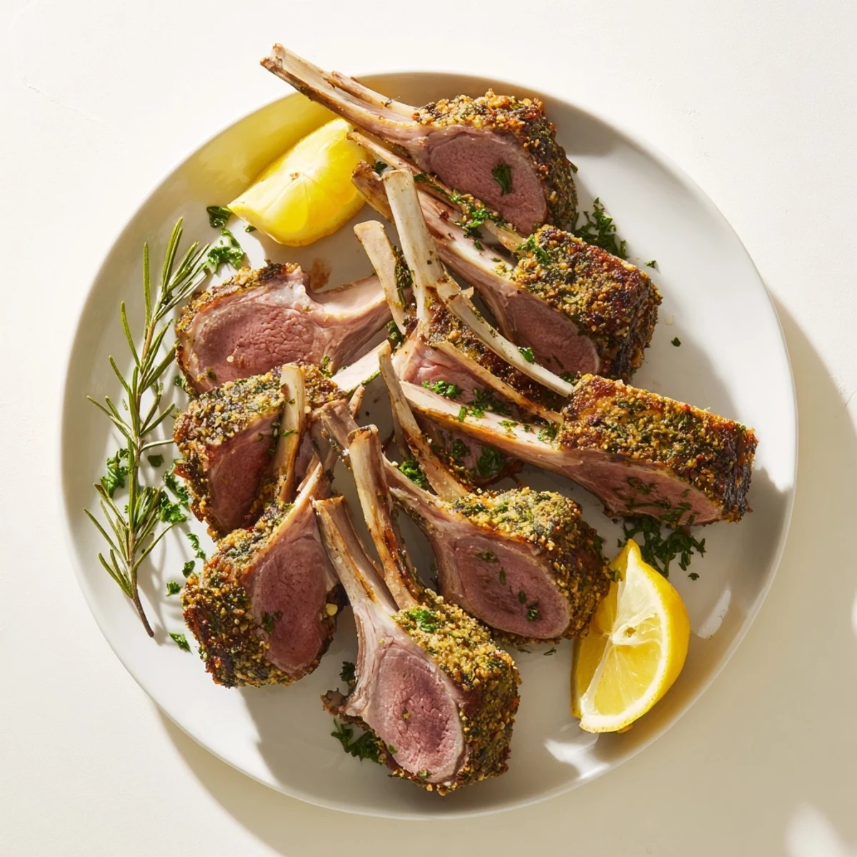Close-up of herb-crusted Roasted Lamb Rack, served with vibrant lemon wedges.