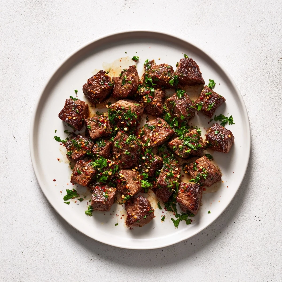 Tender steak bites, beautifully browned and coated in rich garlic butter, ready to serve with parsley.