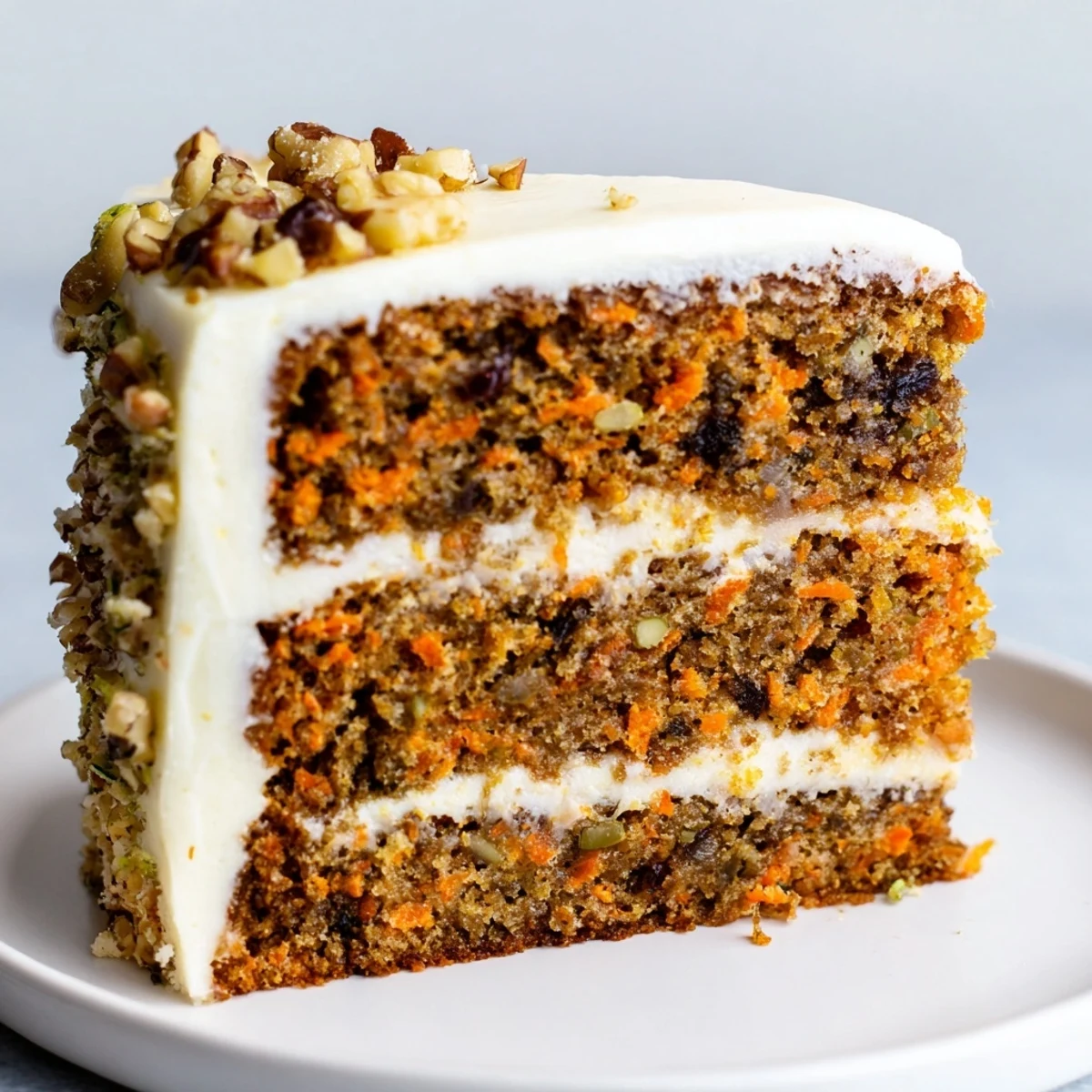 Warm spices fill the air as this carrot cake sits, ready to be sliced and enjoyed.