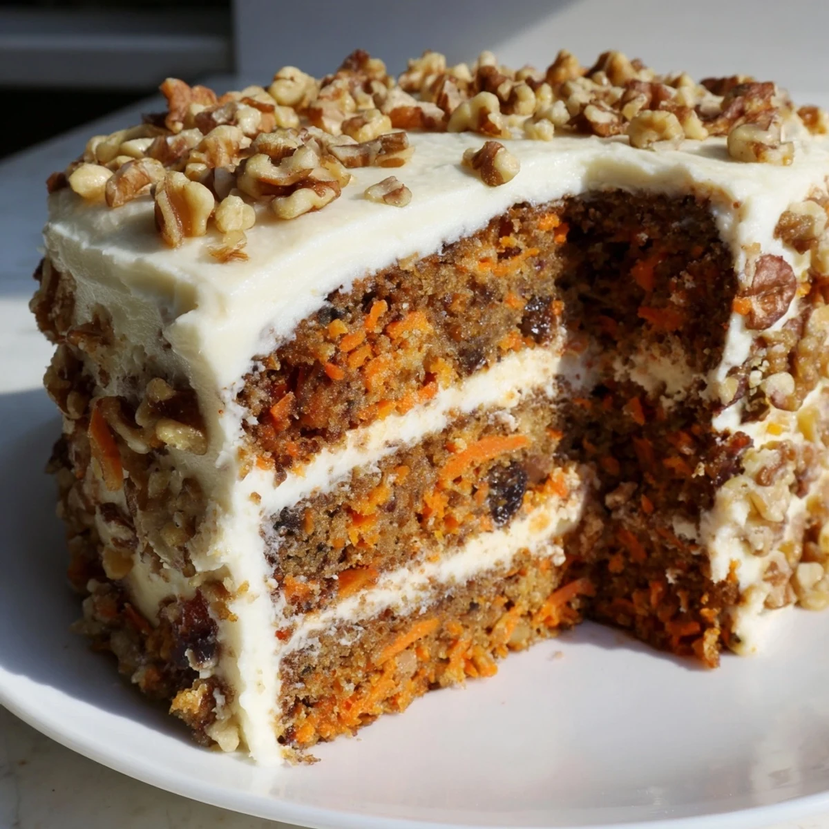 A layered carrot cake, moist and delicious, is frosted with creamy, sweet cream cheese.