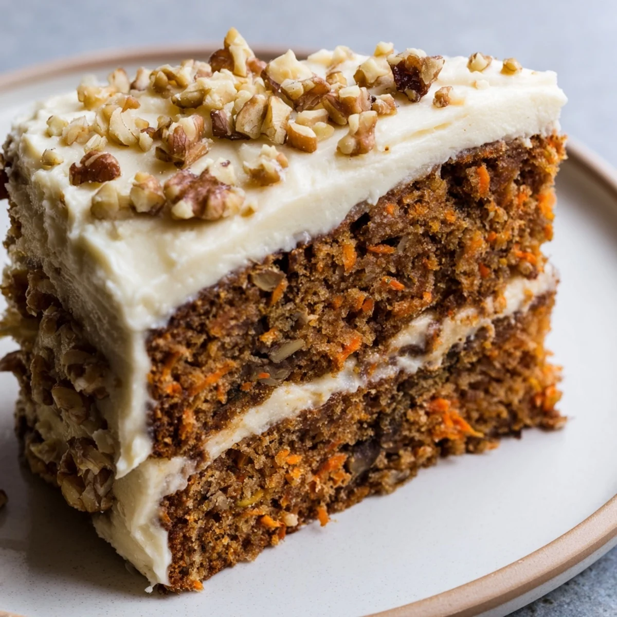 Freshly baked carrot cake with a smooth cream cheese frosting, perfect for any occasion.