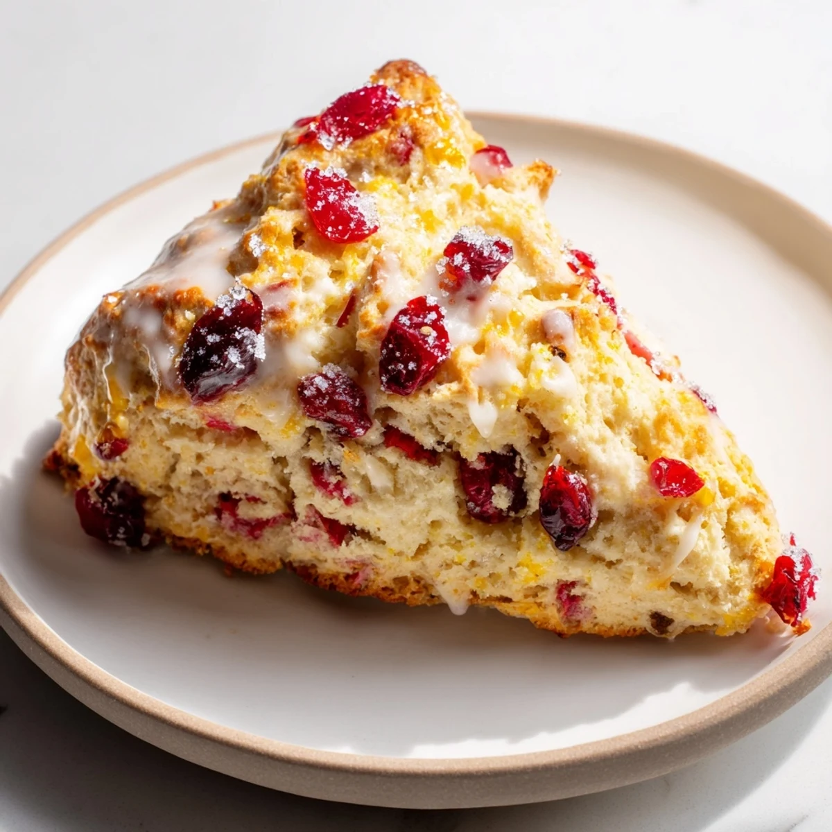 Buttery, crumbly cranberry scones, served warm, promising a delightful, flavorful treat.