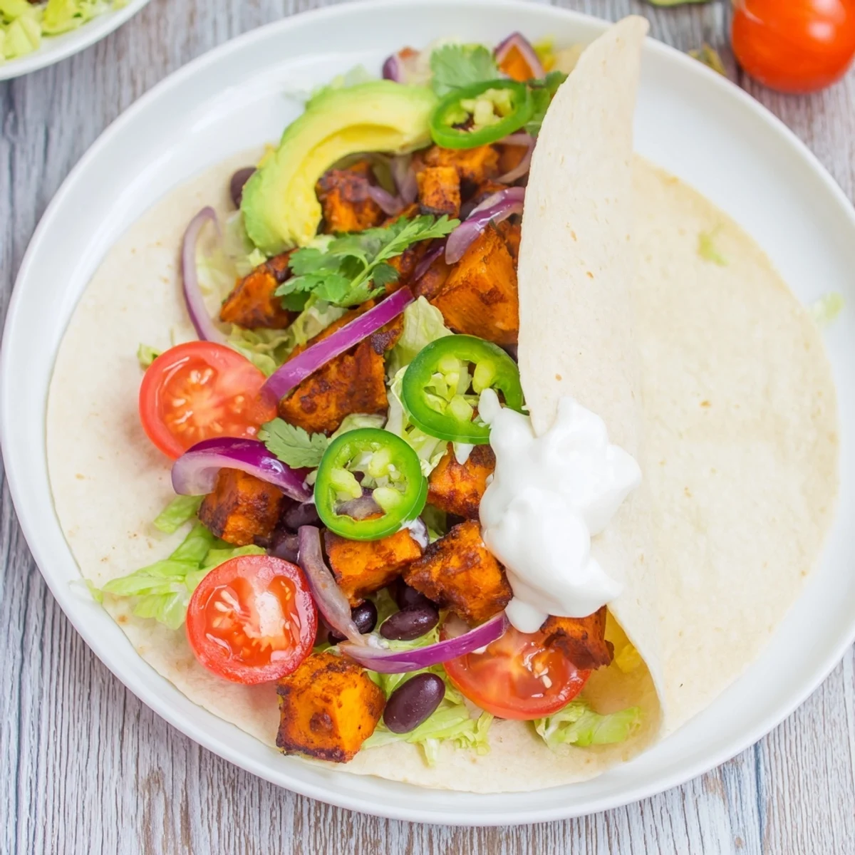 Golden, roasted sweet potatoes overflowing from warm tortillas, making delicious sweet potato tacos.