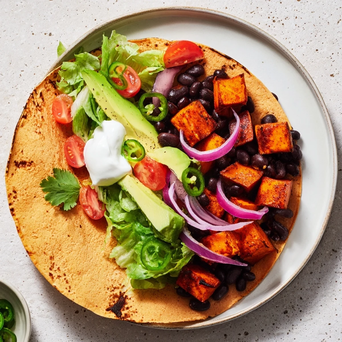 Vibrant sweet potato tacos topped with creamy avocado, ready for a satisfying vegetarian dinner.