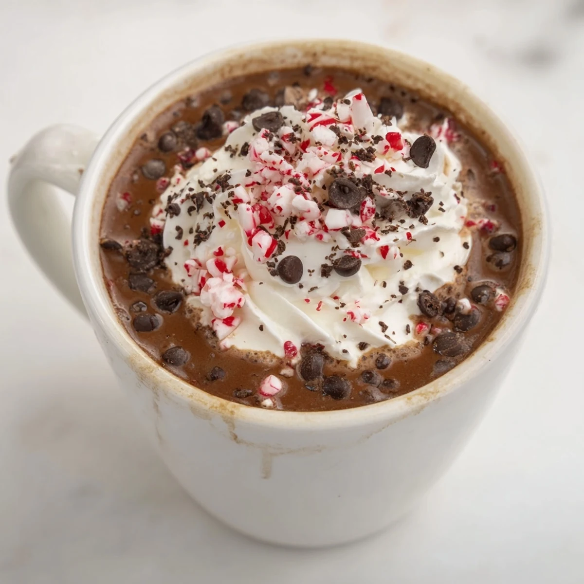 A festive mug overflowing with rich, aromatic peppermint mocha, garnished with chocolate shavings.