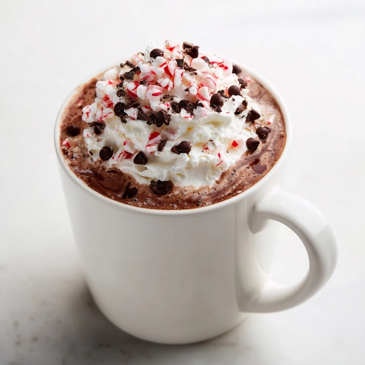 Steaming peppermint mocha, topped with whipped cream, ready for serving on a cozy winter day.