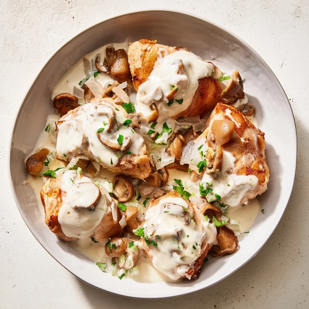 Golden-brown garlic mushroom chicken, smothered in a creamy sauce, ready to serve over rice.
