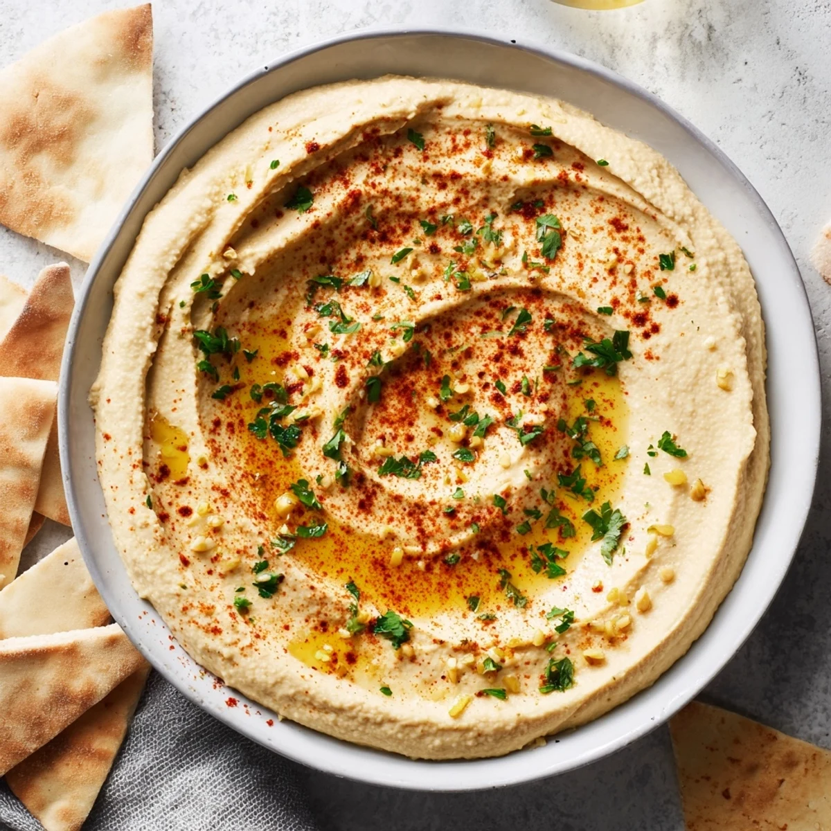 Creamy hummus with pita, perfect appetizer, drizzled with olive oil and paprika, ready to share.