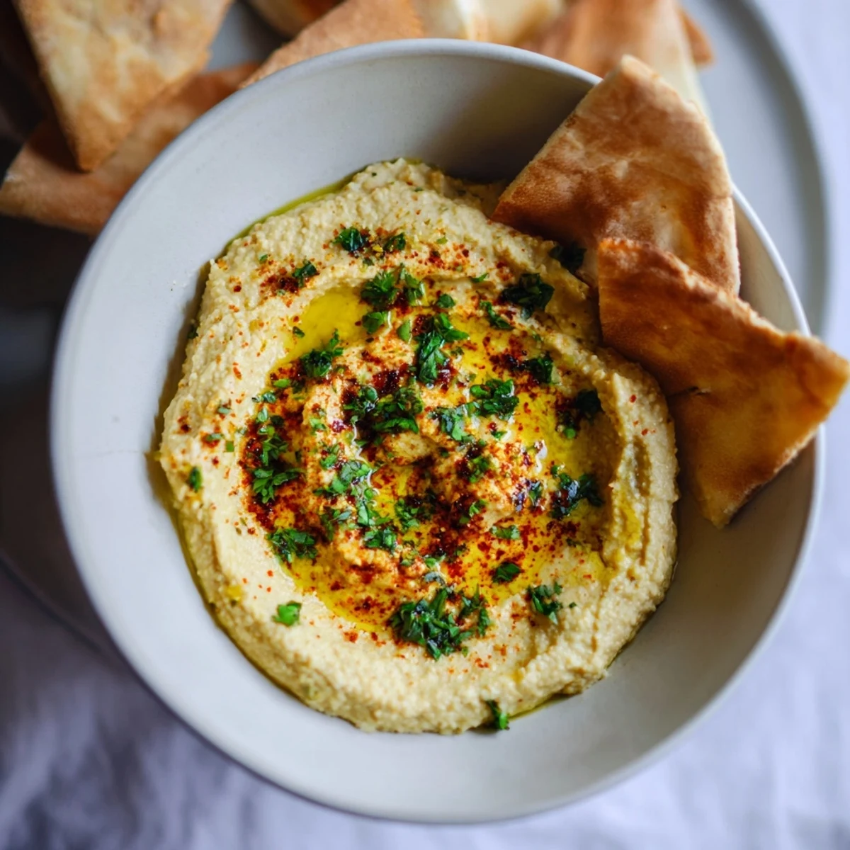 A close-up of smooth, flavorful hummus with pita, described as a classic Middle Eastern dip.