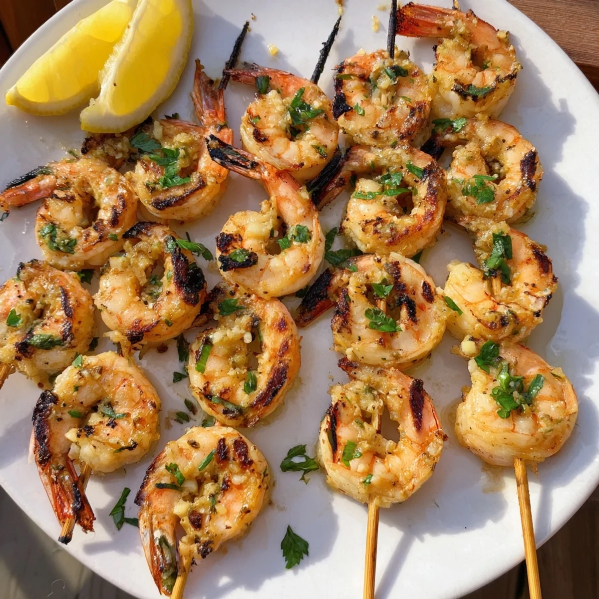 Smoky, tender grilled shrimp glistening with lemon butter, ready to serve for a delightful dinner.