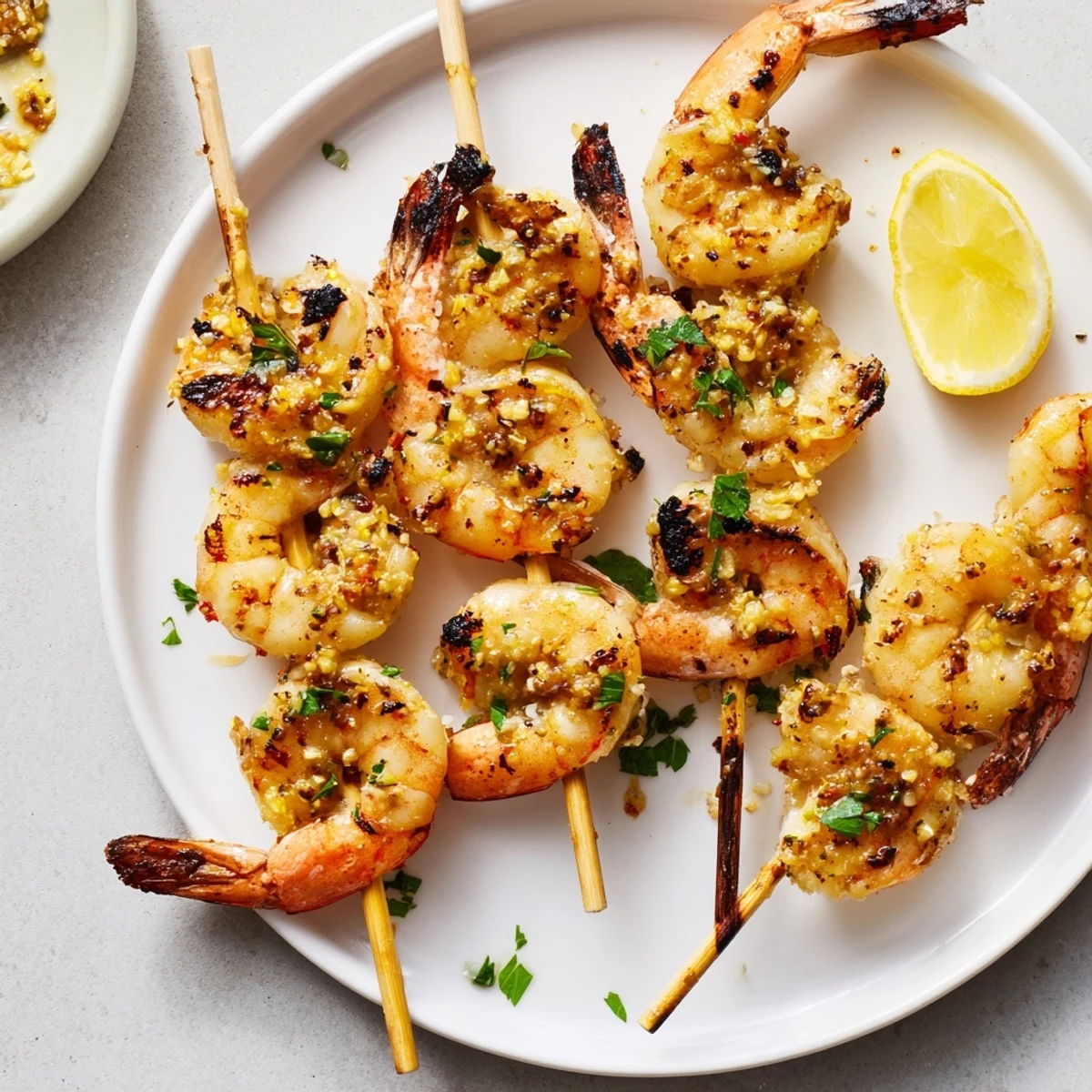 Enjoy the delicious aroma of grilled shrimp, seasoned and juicy, perfect with lemon wedges.