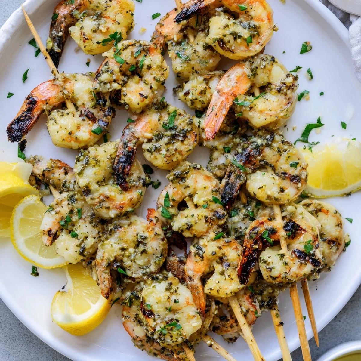 Bright pink grilled shrimp, lightly charred, with a sprinkle of parsley, perfect for a summer barbeque.