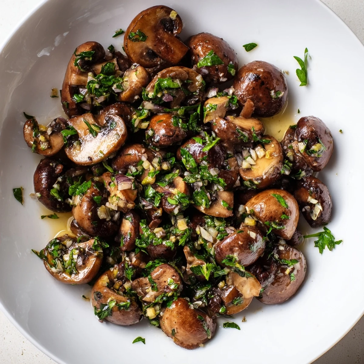 Freshly cooked garlic mushrooms, glistening with butter and herbs, perfect for serving.