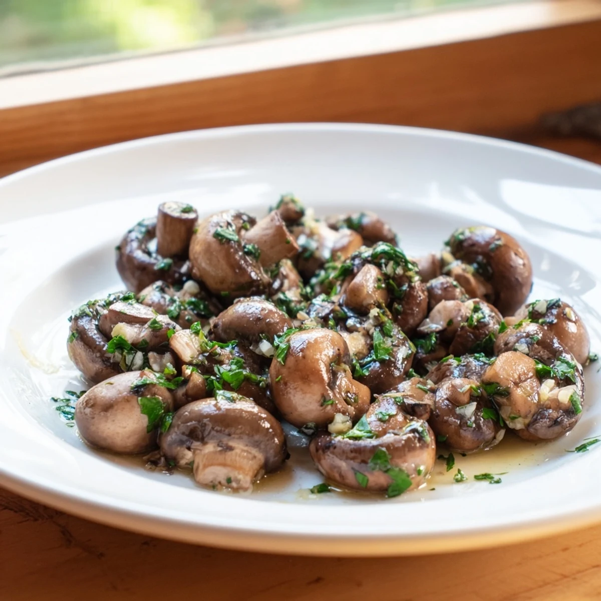 Warm golden-brown garlic mushrooms, seasoned with pepper, ready to enjoy as a flavorful vegetarian meal.
