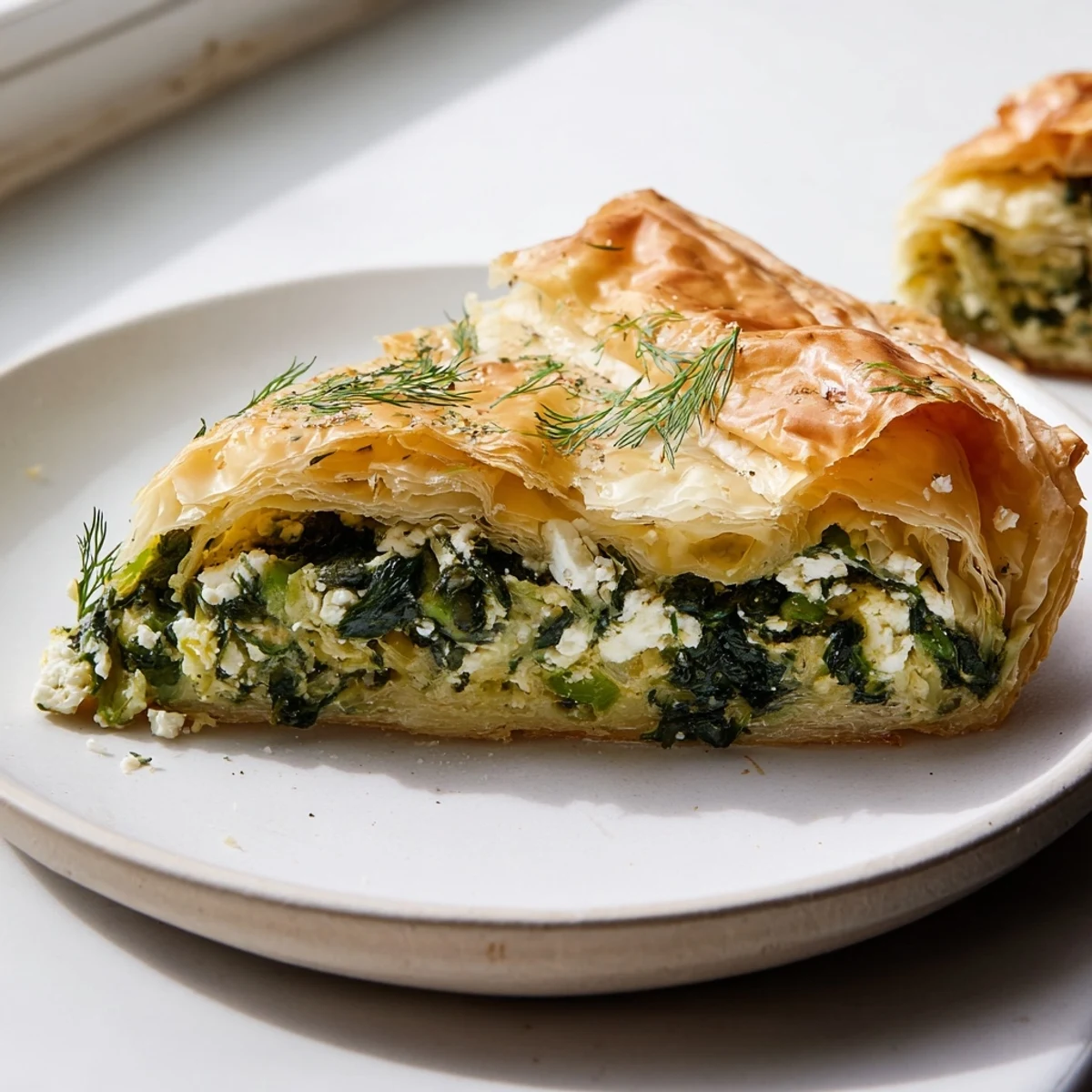 This warm spinach pie, fresh from the oven, features a rustic, golden pastry crust and creamy filling.