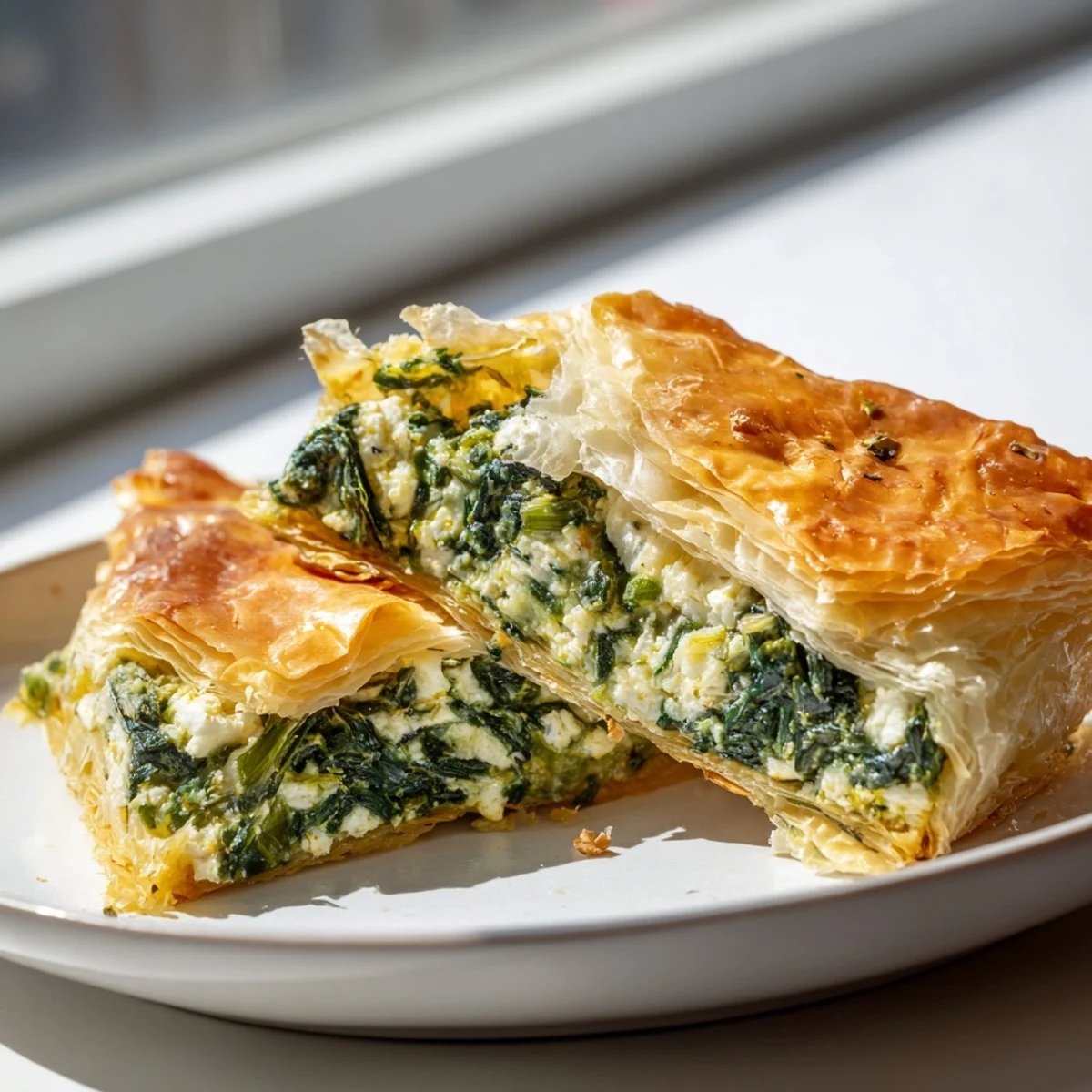Golden-brown spinach pie, showcasing a flaky crust filled with savory cheese and spinach mixture.