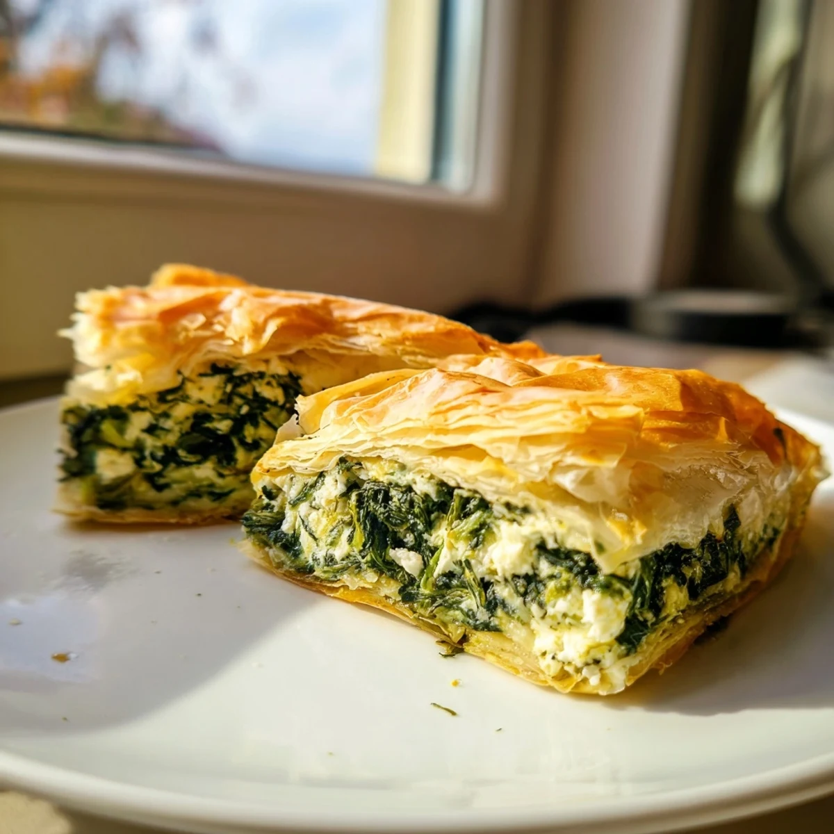 A delicious slice of spinach pie, highlighting the layers of filling and perfectly baked, golden pastry.