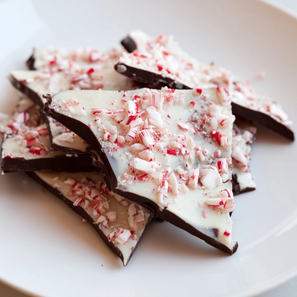 Freshly made Peppermint Bark Pieces sparkling with crushed peppermint, ready to enjoy as a sweet snack.