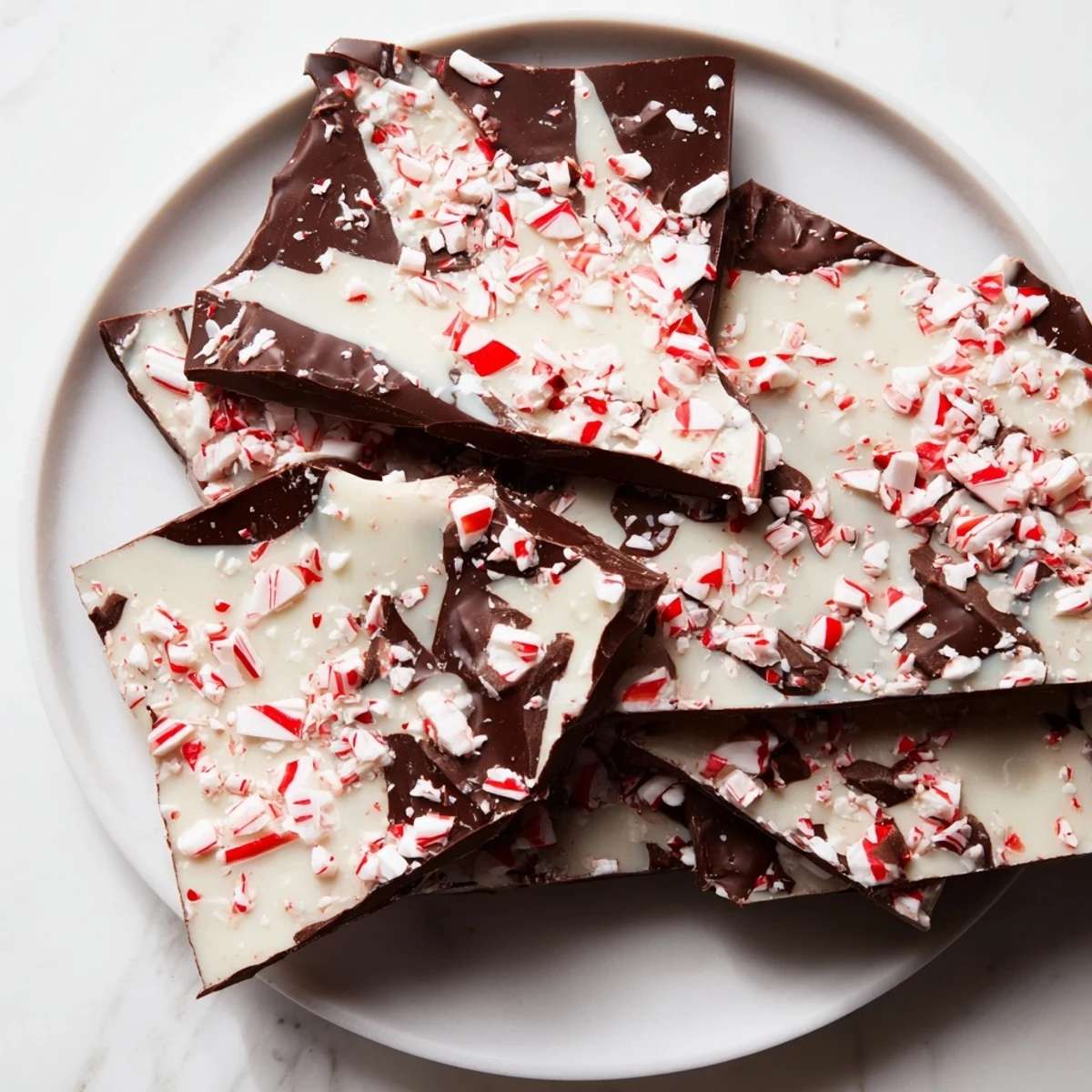 This photo features perfectly broken Peppermint Bark Pieces, showcasing layers of dark and white chocolate.