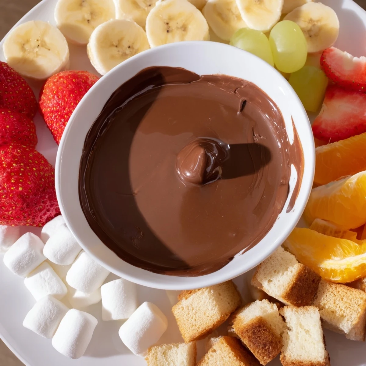 A close-up of decadent Chocolate Fondue, invitingly smooth and ready for diverse sweet treats.