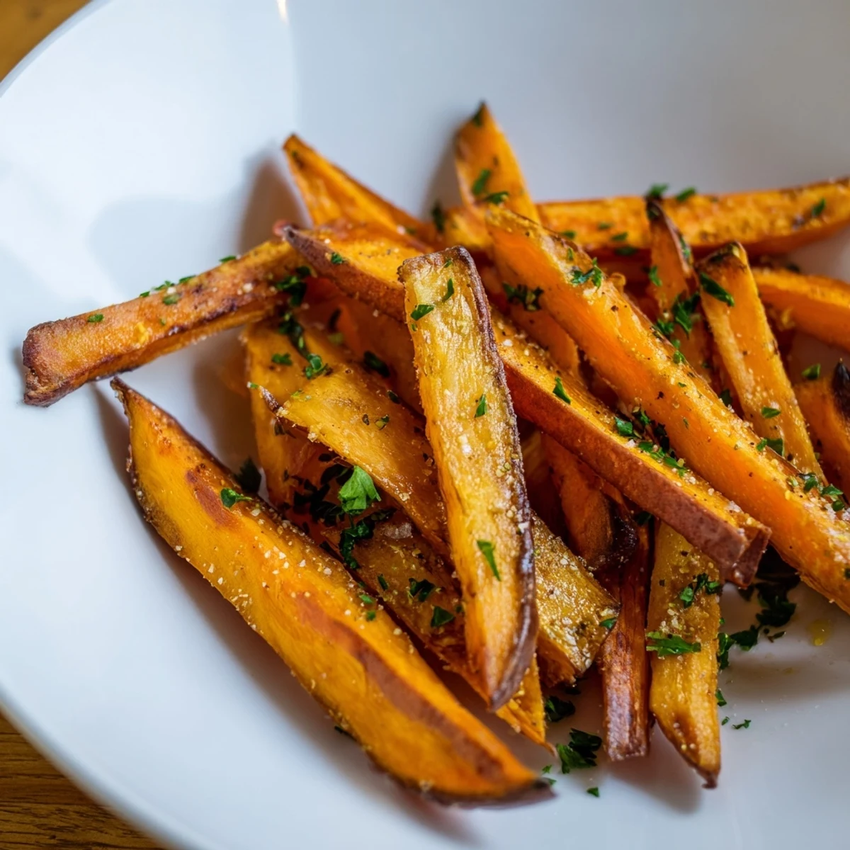 Golden, crispy sweet potato fries seasoned with smoked paprika, perfect side for a burger.