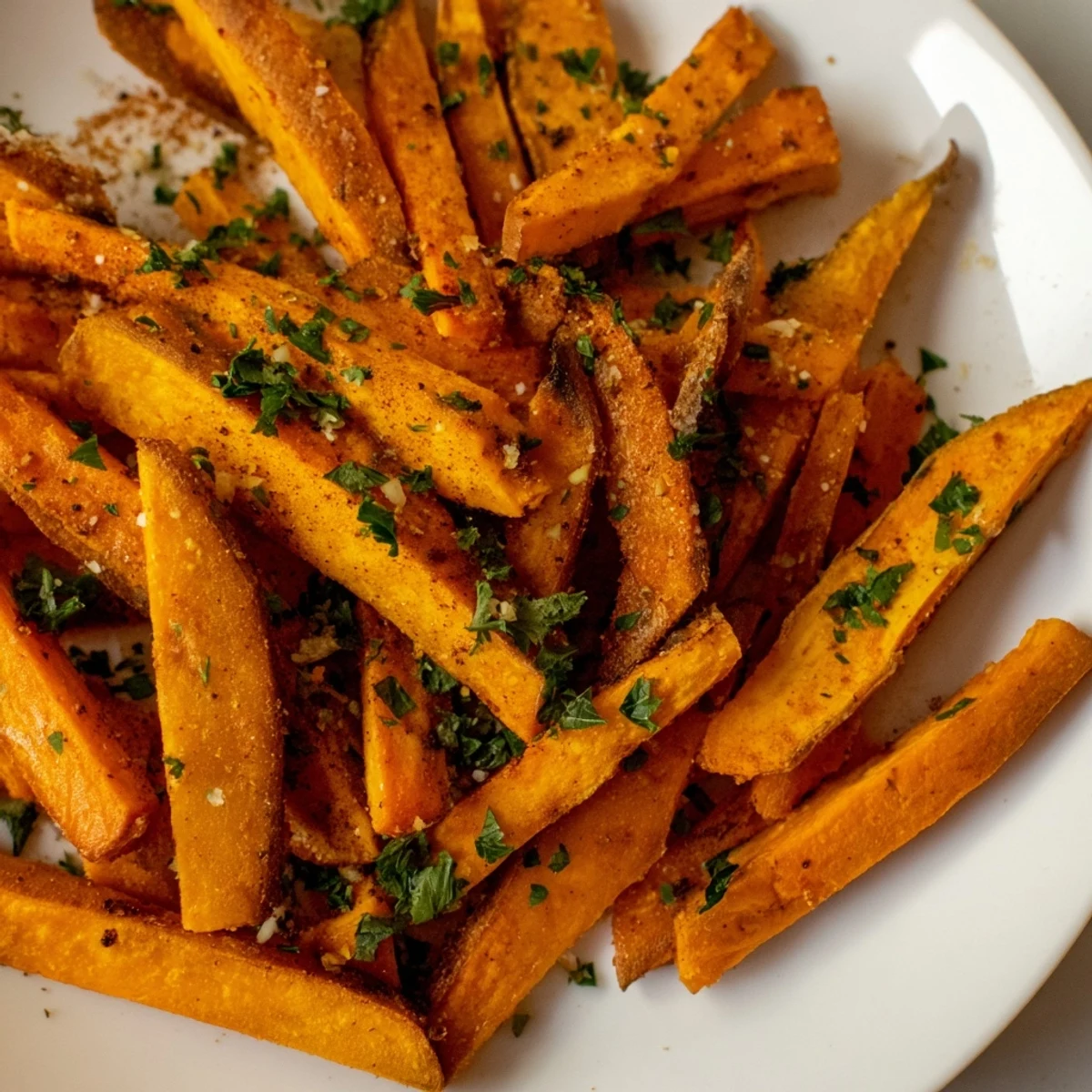 Homemade sweet potato fries, served hot, appear perfectly crisp with visible seasoning, ready for dipping.